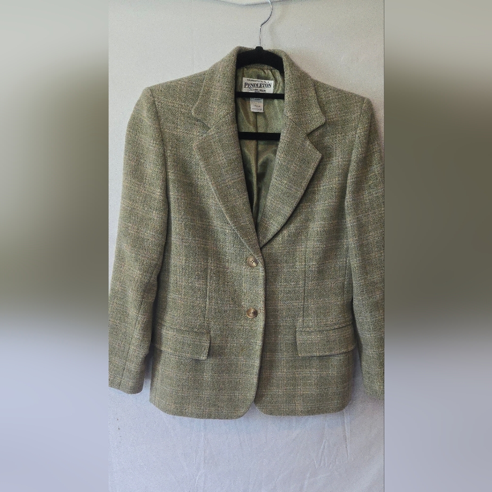Pendleton Vintage Wool Made In USA Spring Green/Tan 2 Button Blazer Size 4